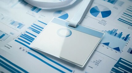 A close-up of an ID card with the background being blue graphs and charts, symbolizing business data analysis or market research in financial planning and vision development for sales innovation.