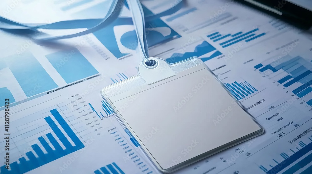 Poster a close-up of an id card with the background being blue graphs and charts, symbolizing business data