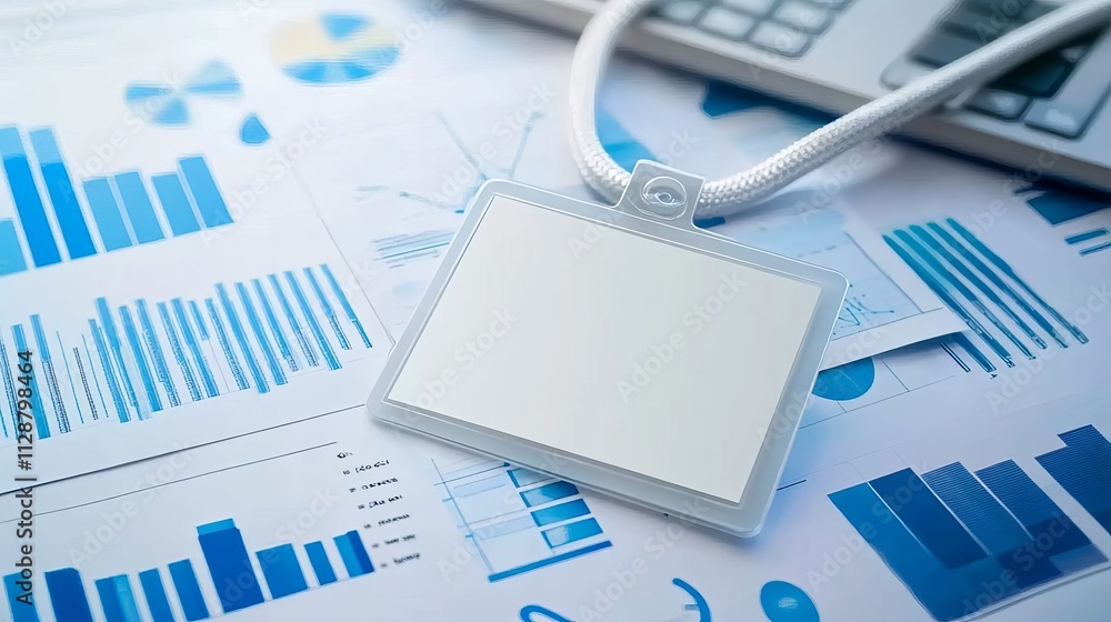 Poster a close-up of an id card with the background being blue graphs and charts, symbolizing business data