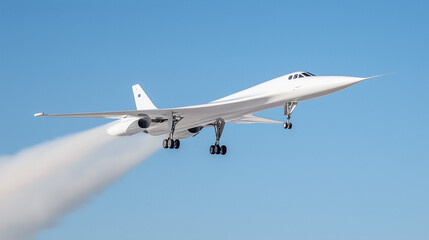 Fototapeta premium Aircraft rapidly breaking the sound barrier, creating a visible shockwave in the sky, symbolizing the pursuit of speed and technological advancement.