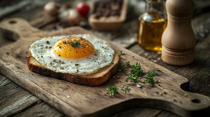 Delicious fried egg on toast, seasoned with pepper and thyme, served on a rustic wooden board. A perfect breakfast image.