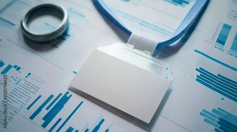 Poster a close-up of an id card with the background being blue graphs and charts, symbolizing business data
