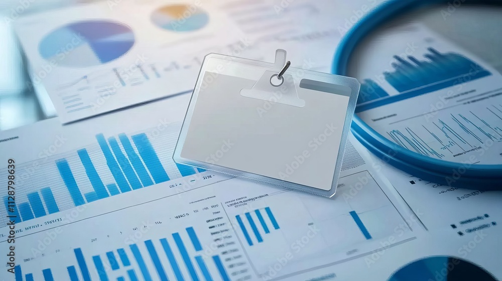 Poster a close-up of an id card with the background being blue graphs and charts, symbolizing business data