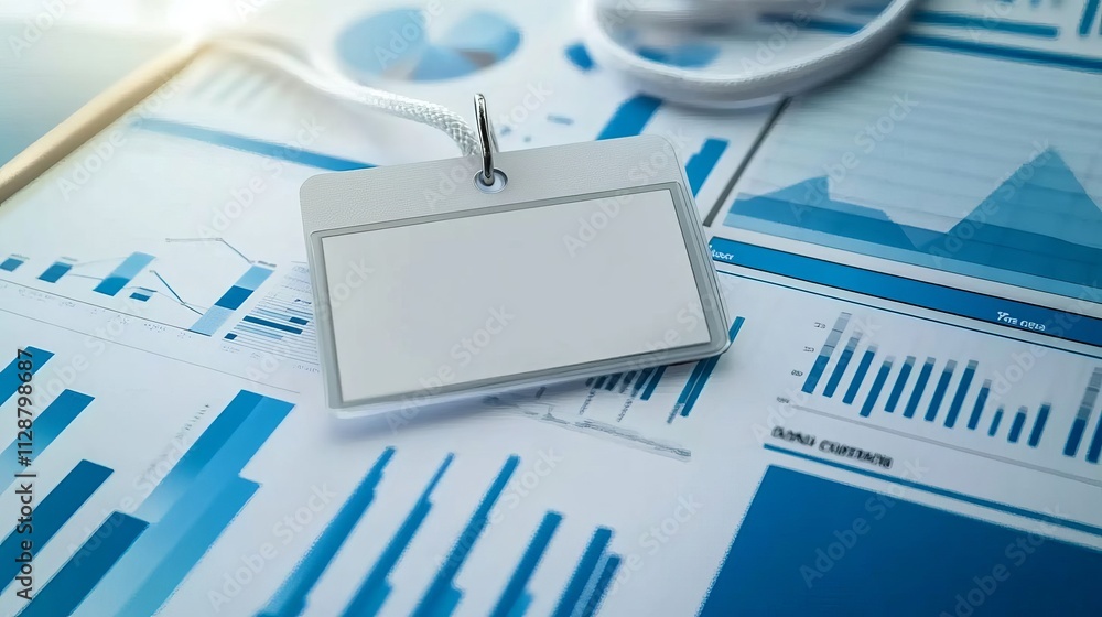 Poster a close-up of an id card with the background being blue graphs and charts, symbolizing business data
