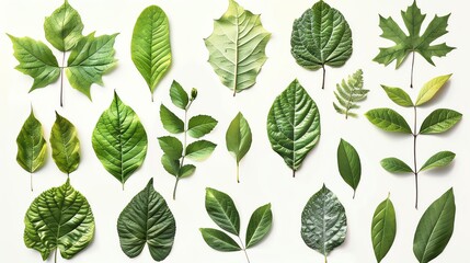 A flat lay of different green leaves arranged on a white background.