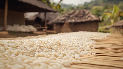 Obraz premium Rice Drying in Rural Village: A Glimpse into Traditional Farming