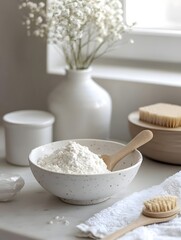 Fototapeta premium A bowl of flour with a wooden spoon, surrounded by decorative elements and kitchen items.