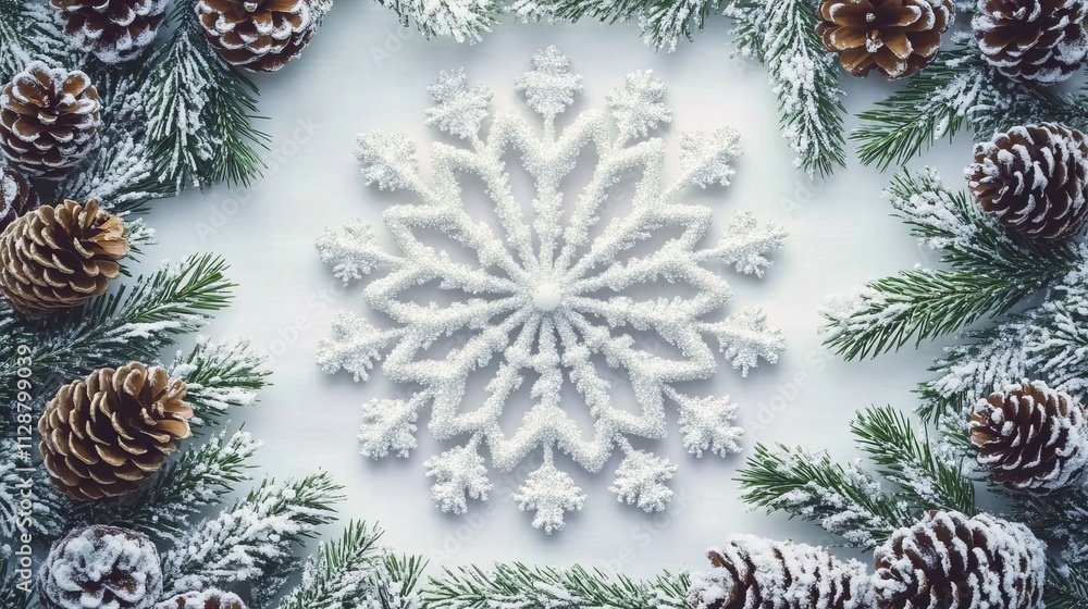Poster christmas themed elements with a white snowflake pattern in the background surrounded by pine cones 