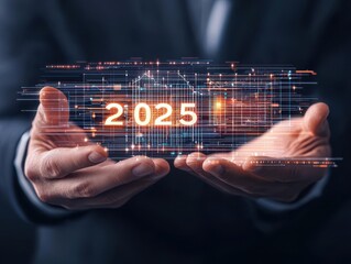 A person holding a futuristic display with the year 2025 illuminated, symbolizing innovation and technology.