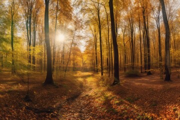 Fototapeta premium Sunlight streams through a golden autumn forest, illuminating a path through the trees. AI generative. .
