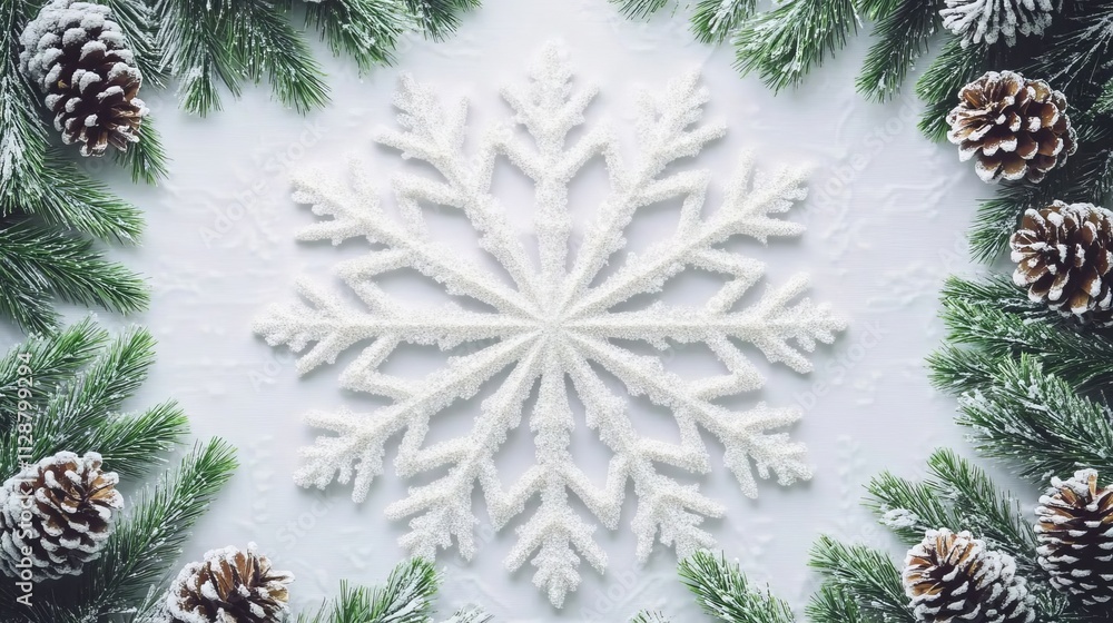 Poster christmas themed elements with a white snowflake pattern in the background surrounded by pine cones 