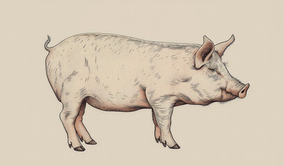 Fototapeta premium Pig, hog, boar. Vintage retro print, black white pig sketch ink pencil style drawing, linear drawing, engrave old school. Sketch artwork silhouette pig, hog, boar. Side view profile. Illustration