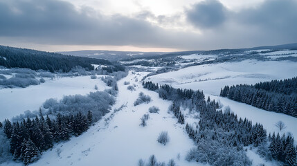Obraz premium A dramatic aerial view of a snow-covered valley filled with untouched powder snow.