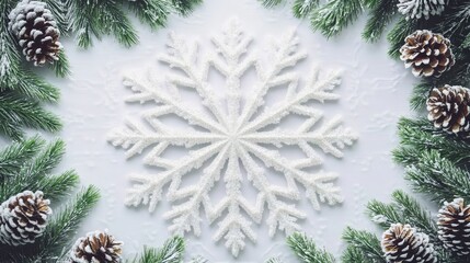 Christmas themed elements with a white snowflake pattern in the background surrounded by pine cones and green branches. The center of each snowflake is covered in a delicate white frost pattern.