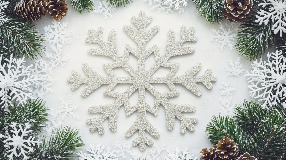 Poster christmas themed elements with a white snowflake pattern in the background surrounded by pine cones 