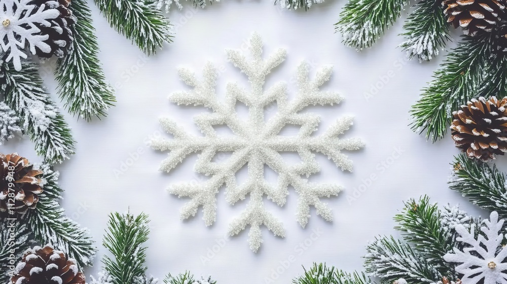 Poster christmas themed elements with a white snowflake pattern in the background surrounded by pine cones 