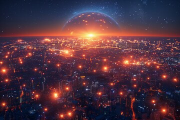 Aerial view of a city at night with a starry sky and glowing lights. AI generative. .