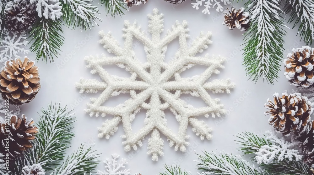Poster christmas themed elements with a white snowflake pattern in the background surrounded by pine cones 