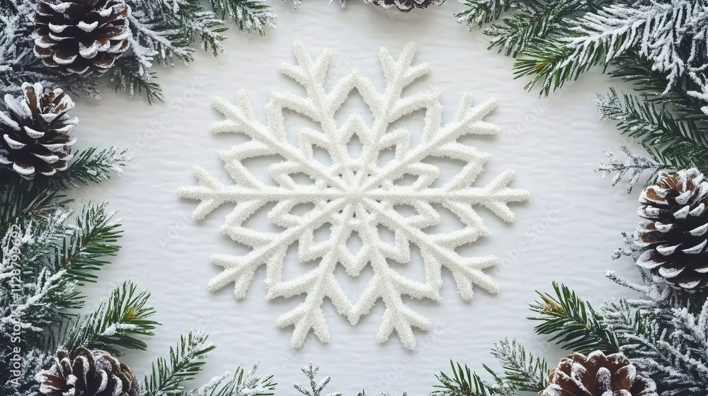 Poster christmas themed elements with a white snowflake pattern in the background surrounded by pine cones 