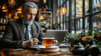 A man in a suit is sitting at a cafe table working on a laptop