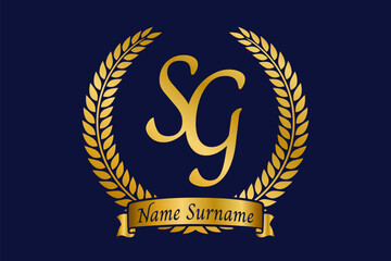 Initial letter S and G, SG monogram logo design with laurel wreath. Luxury golden calligraphy font.