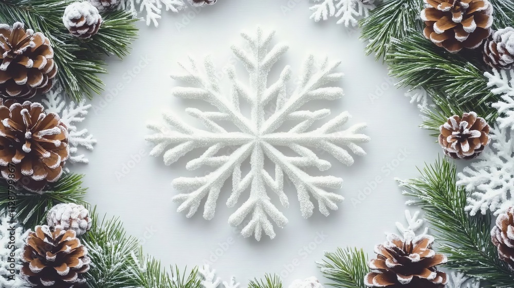 Poster christmas themed elements with a white snowflake pattern in the background surrounded by pine cones 