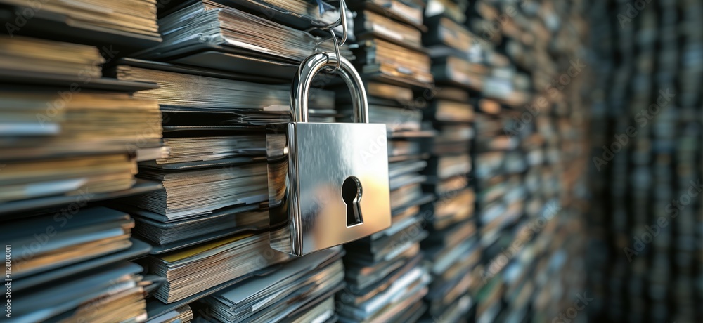 Poster locked padlock securing documents, stacks of files in background, representing confidentiality and s