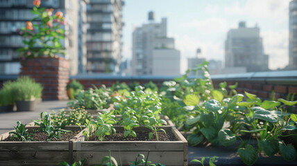 Urban garden on a rooftop with leafy greens and herbs, demonstrating sustainable urban agriculture.