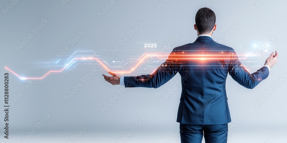 Poster a professional in a suit interacts with a digital graph, symbolizing data analysis and business grow