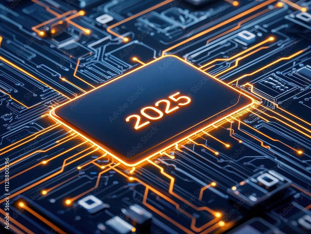 Poster digital circuit board design featuring illuminated elements with the year 2025 highlighted prominent