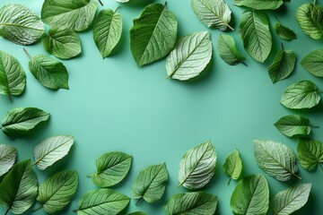 Green leaves arranged in a frame around a turquoise background. AI generative. .