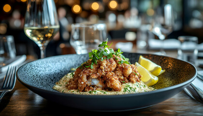 Delicious breaded seafood dish served on creamy sauce, garnished with parsley and lemon wedges, restaurant setting.