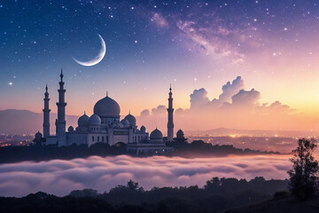 Religious background of Ramadan Kareem with mosque silhouettes reflected