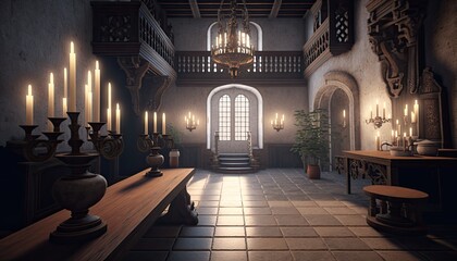 Fototapeta premium Large hall of medieval palace in gothic style.