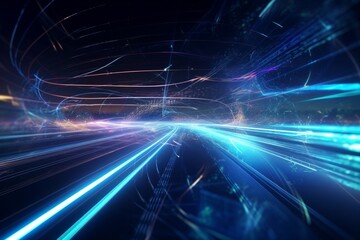 Abstract blue light streaks and lines with dark background. AI generative. .