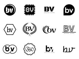 BV logo company template. Letter b and v logotype. Set different classic serif lettering and modern bold text with design elements. Initial font typography.