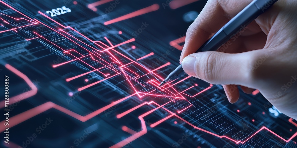 Poster digital hand drawing complex data analysis on futuristic screen with vibrant lines and numbers.