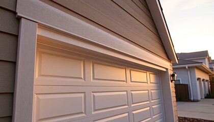 Garage door trim with modern details, clean lines, and a minimalist design, illuminated by the soft glow of sunset