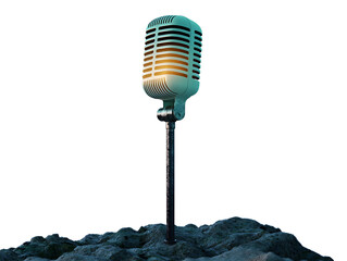 Vintage microphone on a stand, isolated on a white background. PNG transparent.