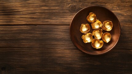 Brown bowl with gold small baskets inside. Chinese new year theme set on wooden surface with copy space.