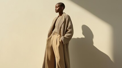 Black person in oversized clothing in mocha mousse shades.