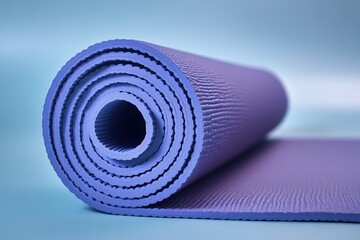 Rolled purple yoga mat on blue background