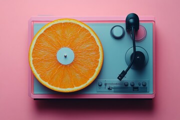 A light blue toy record player with an orange slice instead of a record. Fun juxtaposition with the pink background.