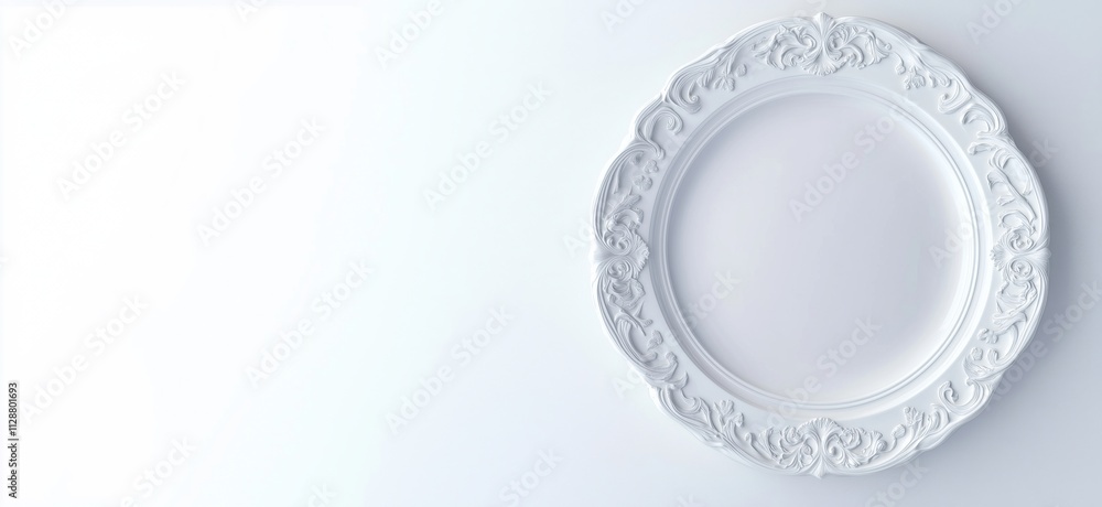 Poster elegant white decorative plate with intricate design, empty space for text or images, suitable for f