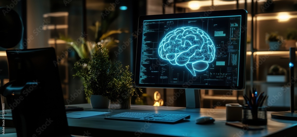 Poster digital brain visualization on computer screen, modern workspace with plants and tech elements, copy