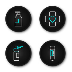 Set line Test tube with blood, Bottle nozzle spray, Heart cross and Hand sanitizer bottle icon. Vector