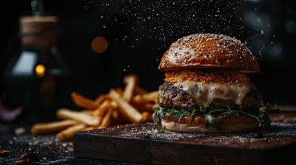 A hamburger with cheese and fries on a wooden board, against a dark background with space for text