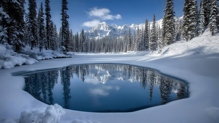 A frozen lake surrounded by powder snow-covered pines reflecting the blue sky above.