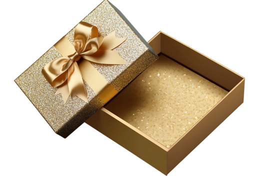 golden gift box with ribbon, PNG transparent