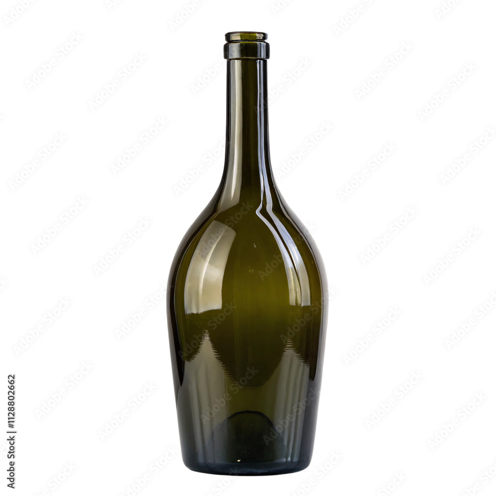 Poster a slightly tilted perspective of a green wine-style bottle with smooth curves and polished transpare